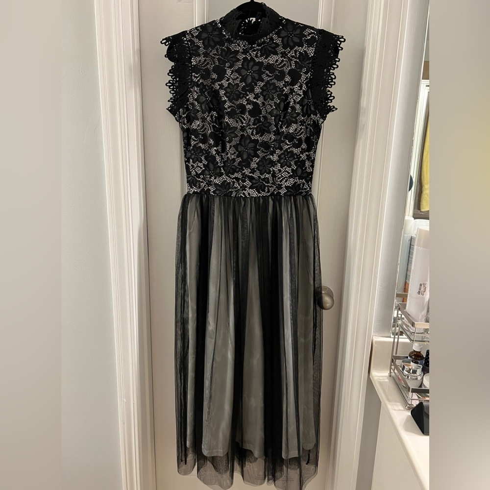 Black lace dress with Queen Anne neckline Size Small